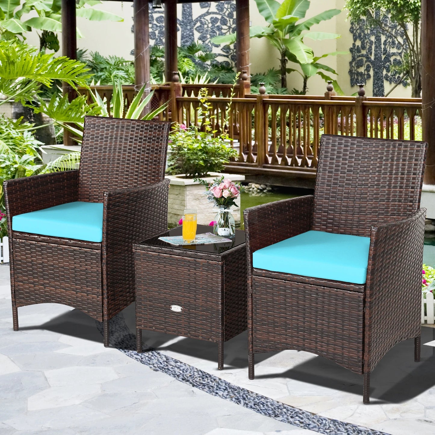 3PCS Patio Rattan Furniture Set Cushioned Sofa Glass Tabletop Deck Blue