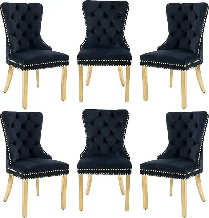 Opulent Velvet Dining Chairs Set of 6 - Luxurious Tufted Back, Nailhead Trim, Lion Head Pull Ring & Rhomboid Pattern