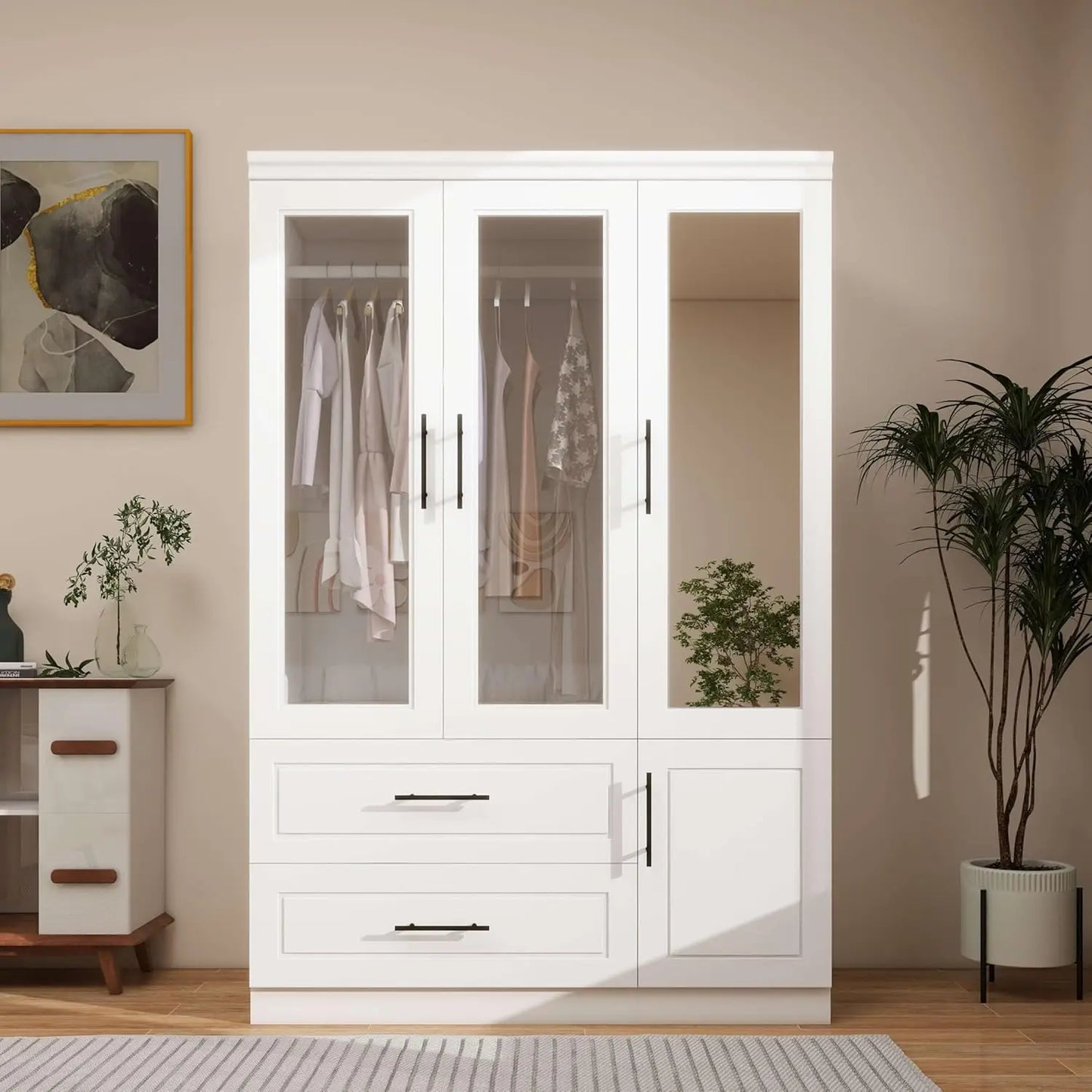 71” Wooden Bedroom Wardrobe with Mirrors & Drawers – High Cabinet Wardrobe with Hangers, Modern Storage Solution for Elegant Spaces