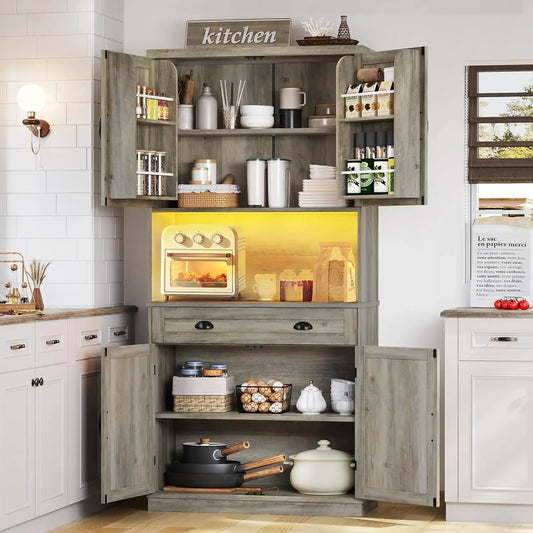 Rustic Farmhouse Kitchen Pantry Cabinet | 72.6” Storage Unit with LED Lighting & Power Strip