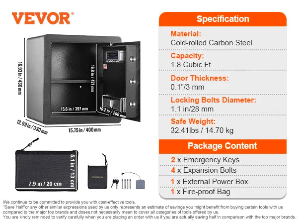 Vevor Échelon Luxe Security Safe — 2.2/1.8 Cu Ft Fingerprint & Digital Safe with Fire-Proof Protection