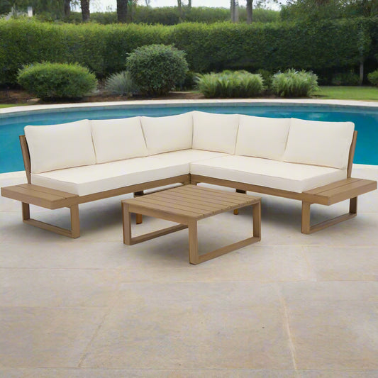 Solara Luxe Acacia Wood Outdoor Sectional – L-Shaped Patio Sofa Set with Built-in Side Tables & Coffee Table in Cream White