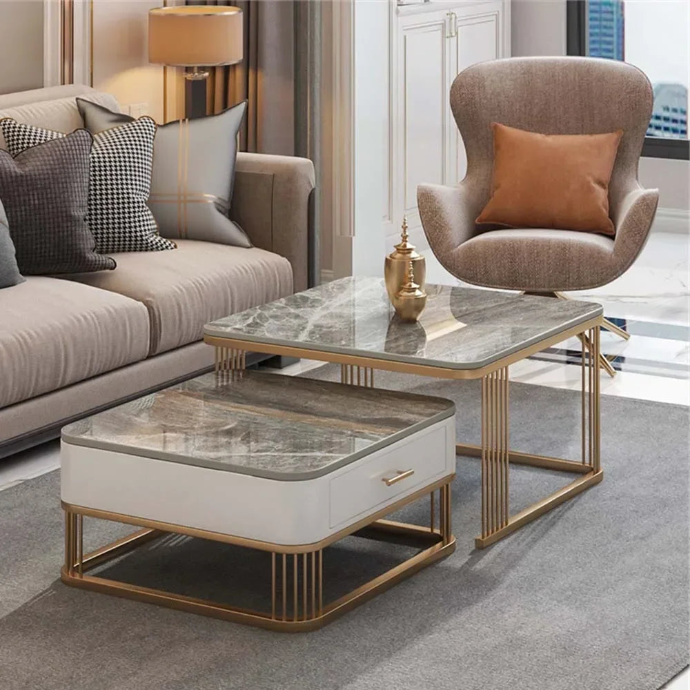 Dwyo Minimalist Square Coffee Table with Storage Drawers – Modern Light Luxury Rock Plate Living Room Table with Metal Frame