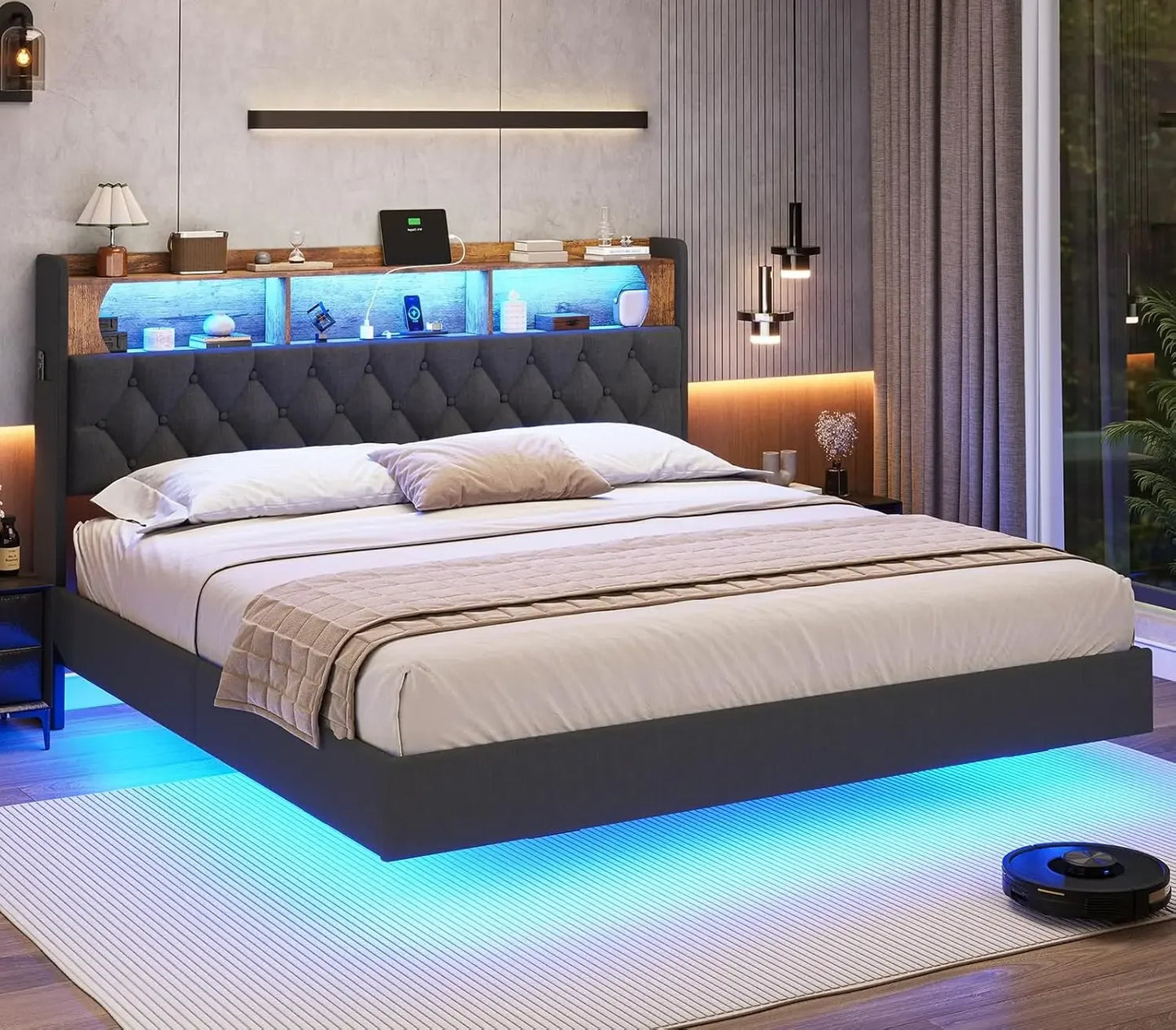 Luminous Dream King Size Floating Bed Frame with RGB LED Headboard, USB Ports & Hidden Storage - Modern Bedroom Furniture