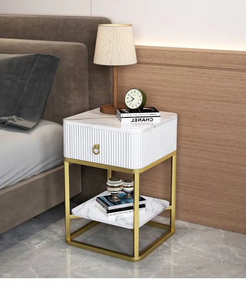 CelesteRound Modern Slate Nightstand – Minimalist Luxury Metal Side Table with Drawer for Bedroom & Living Elegance