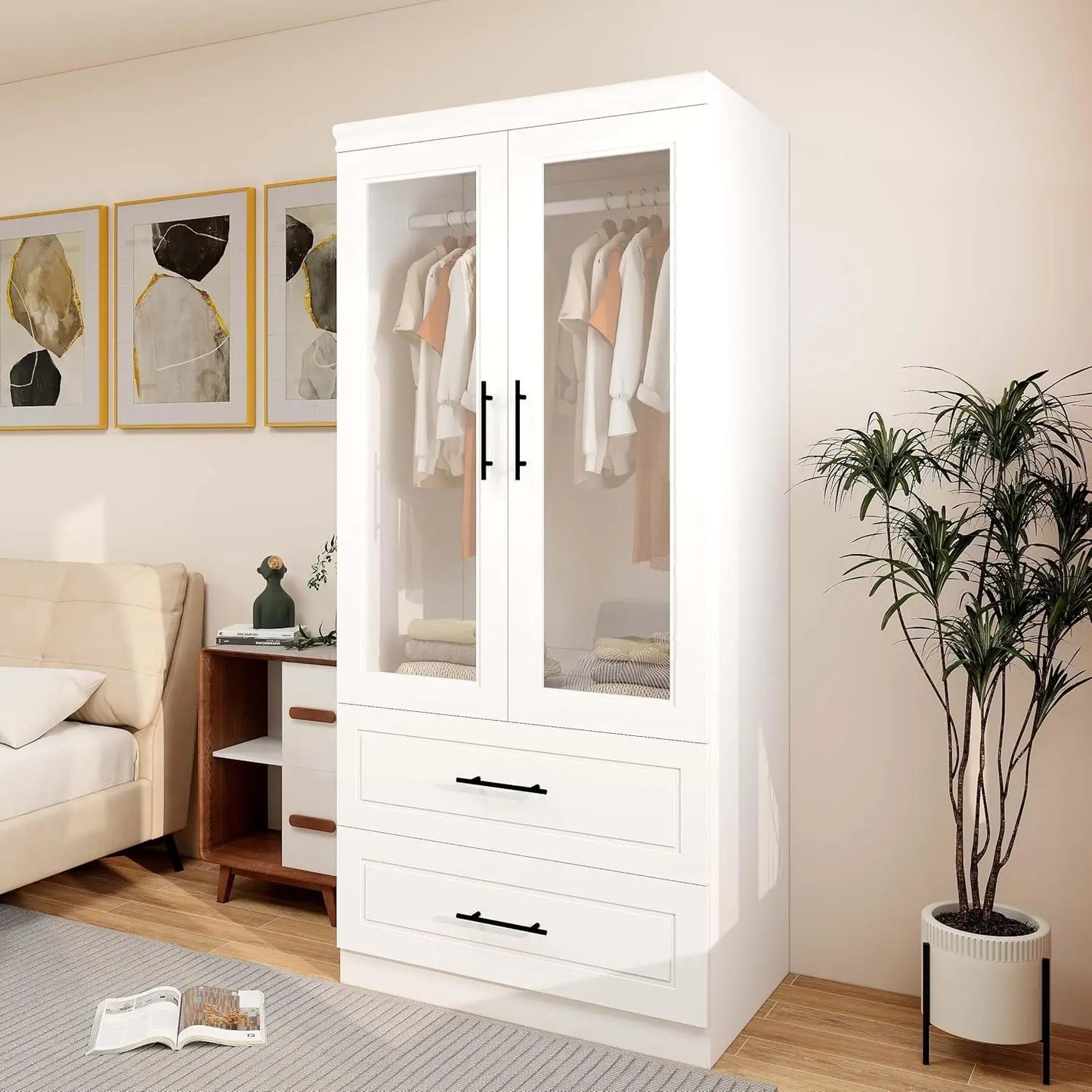 71” Wooden Bedroom Wardrobe with Mirrors & Drawers – High Cabinet Wardrobe with Hangers, Modern Storage Solution for Elegant Spaces