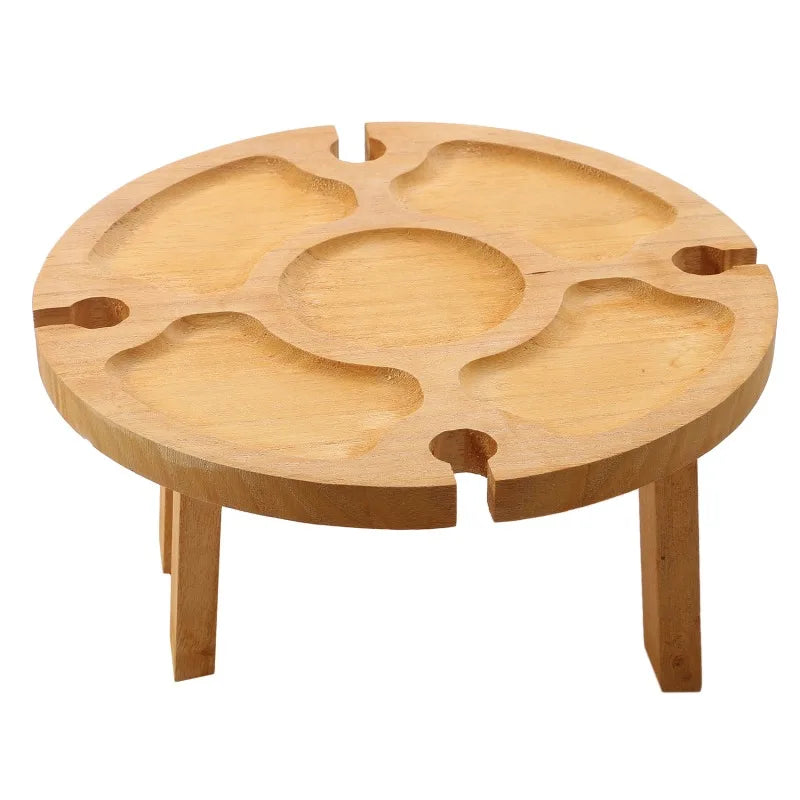ChâteauEase Bamboo Folding Wine & Snack Table | 2-in-1 Round Picnic Tray With Glass Holder for Garden & Outdoor Gatherings