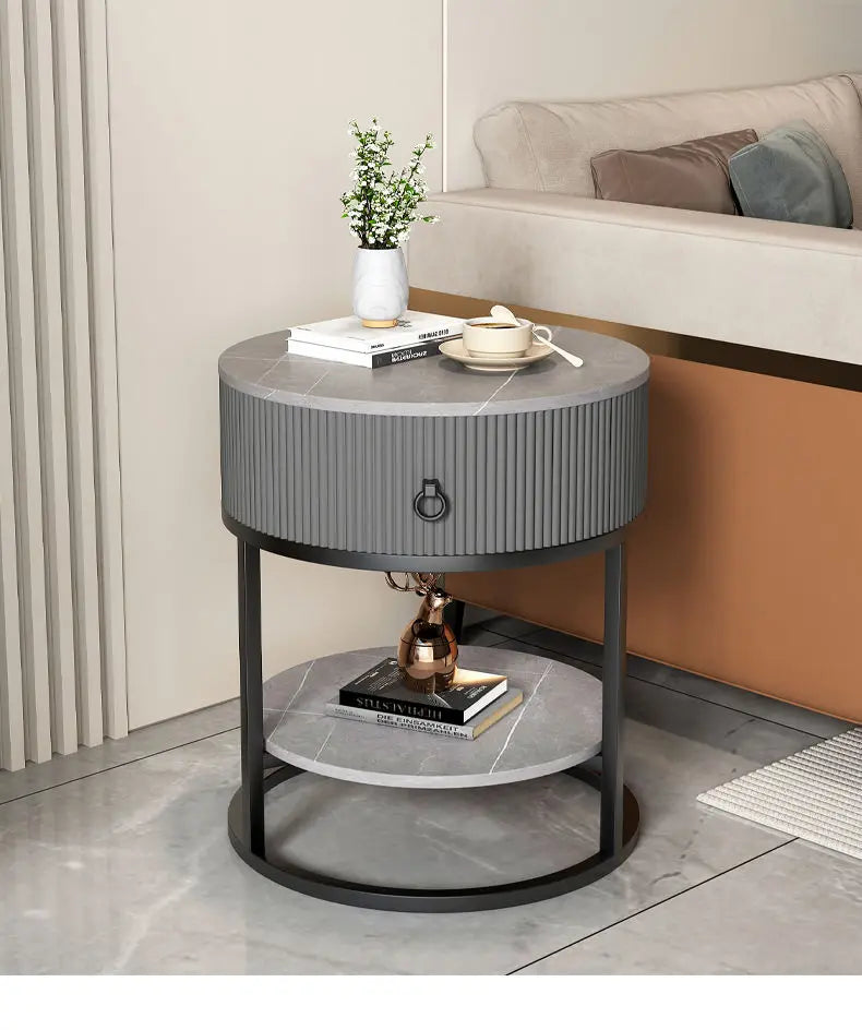 CelesteRound Modern Slate Nightstand – Minimalist Luxury Metal Side Table with Drawer for Bedroom & Living Elegance