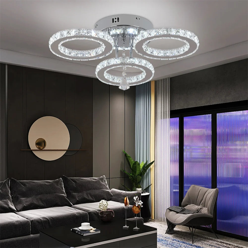 Celestia Luxe Crystal Chandelier – Modern App-Controlled Dimmable LED Ceiling Light with Polished Chrome Rings