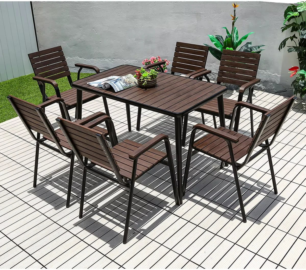 Harborline 120cm Outdoor Dining Table | Modern Wood-Plastic & Iron Frame Terrace Table for Garden, Balcony & Patio