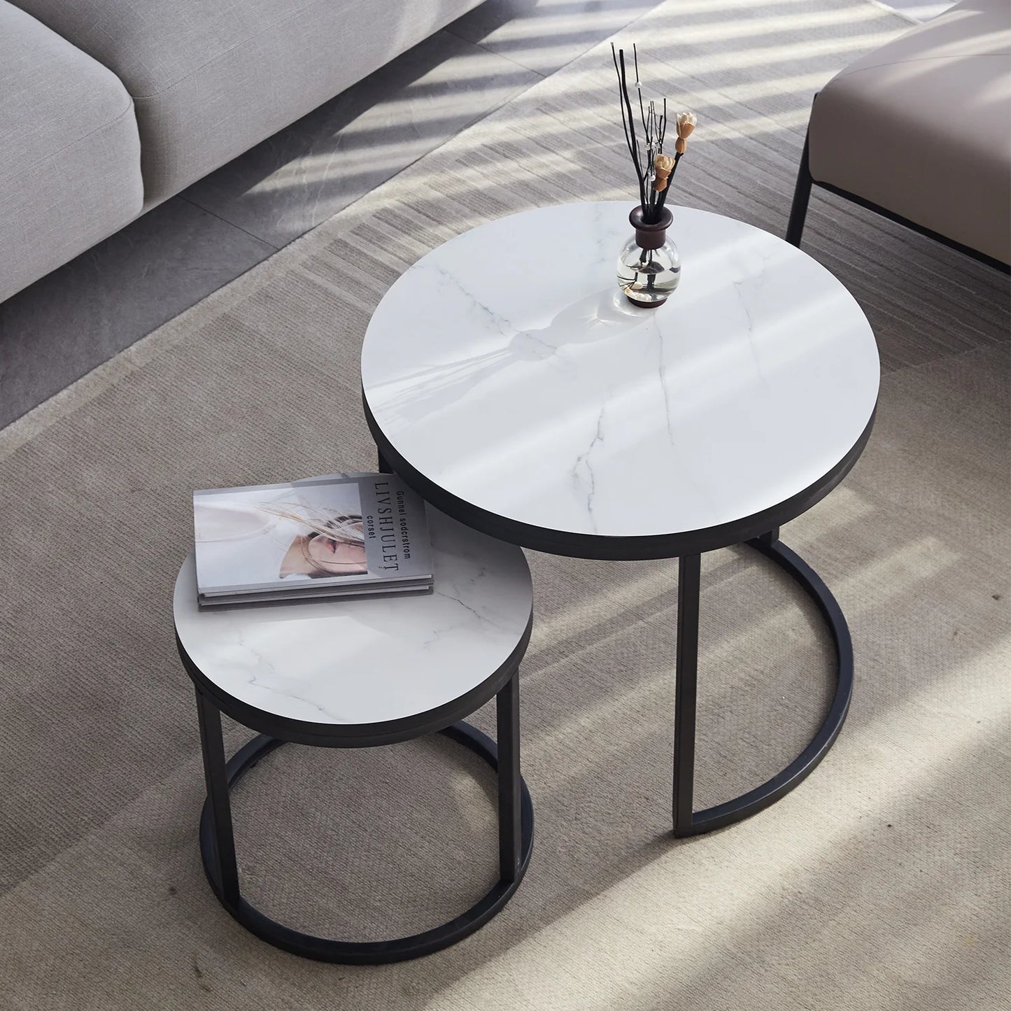 Maison Dualité: Nordic Round Nesting Coffee Table Set – Sculpted Elegance for Modern Interiors (2-in-1 Combo)