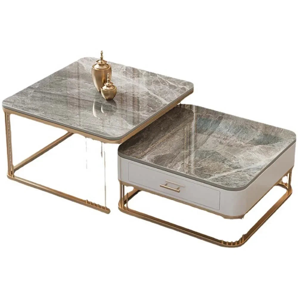 Dwyo Minimalist Square Coffee Table with Storage Drawers – Modern Light Luxury Rock Plate Living Room Table with Metal Frame