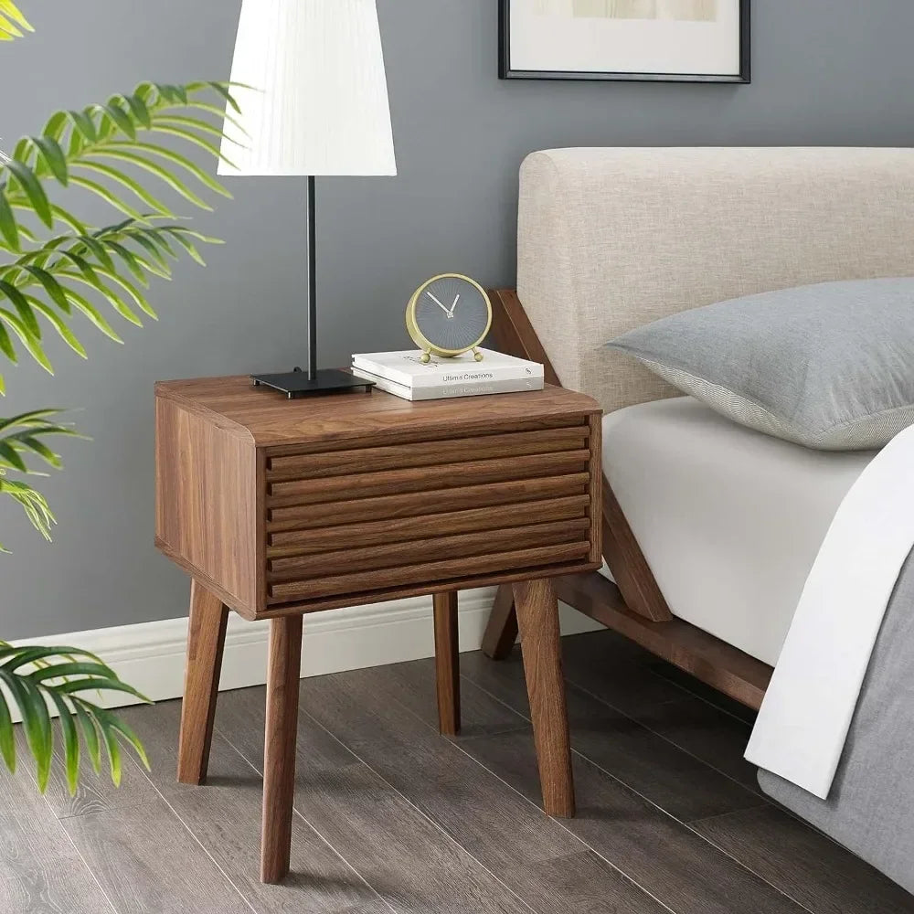 Render Mid-Century Modern End Table in Walnut – Retro Nightstand with Hidden Storage for Living Room & Bedroom