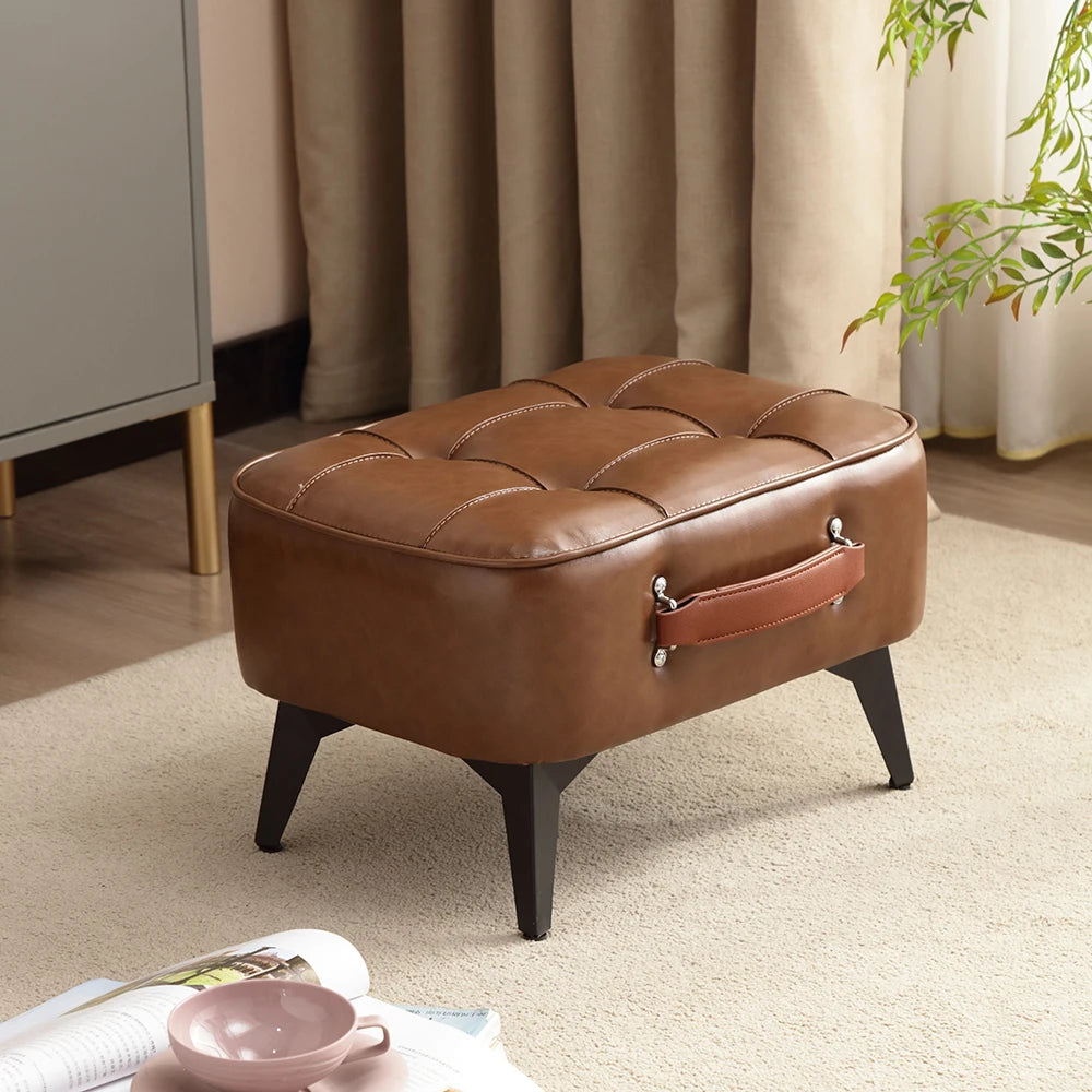Bonney Luxe Ottoman — Modern Morocco Leather Accent Footstool with Metal Elegance & Wooden Core Design