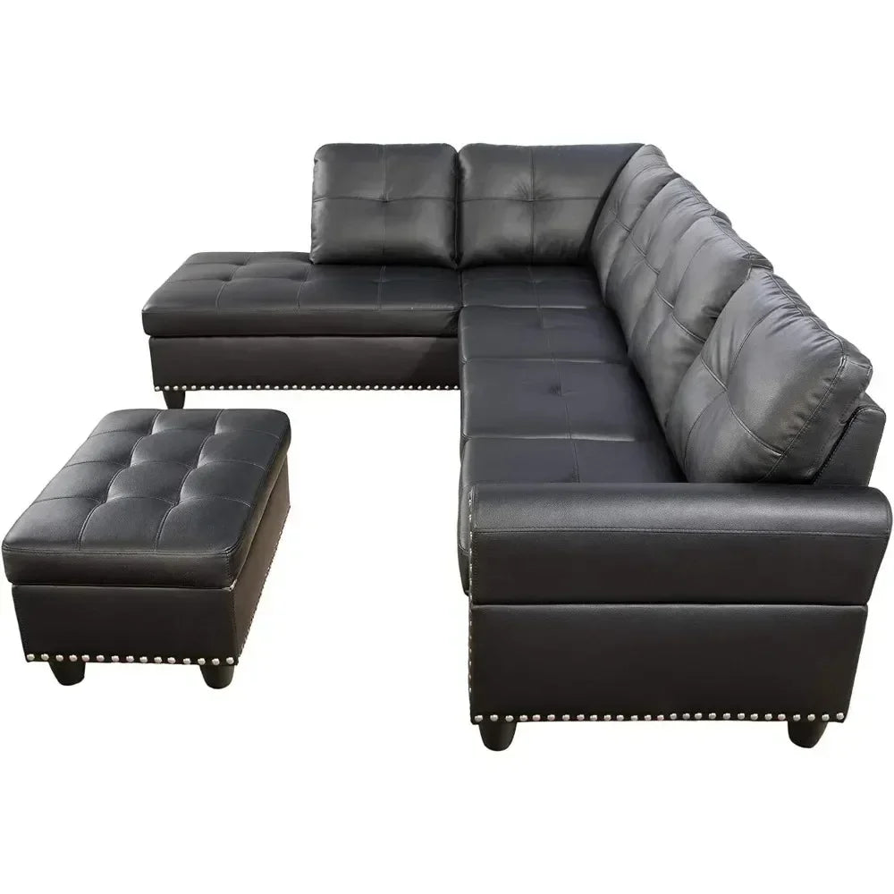 The Lexington Luxe Sectional – 6-Seater Faux Leather Sofa with Chaise, Storage Ottoman & Cup Holders