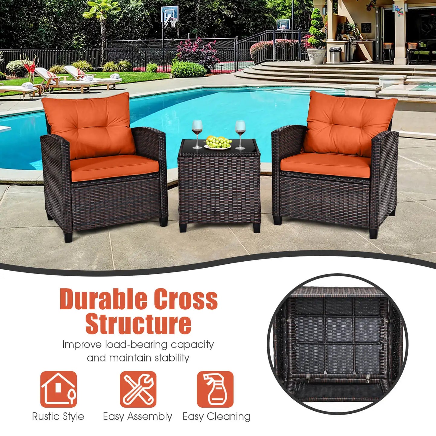 3 PCS Patio Rattan Furniture Set Cushioned Conversation Set Sofa Orange