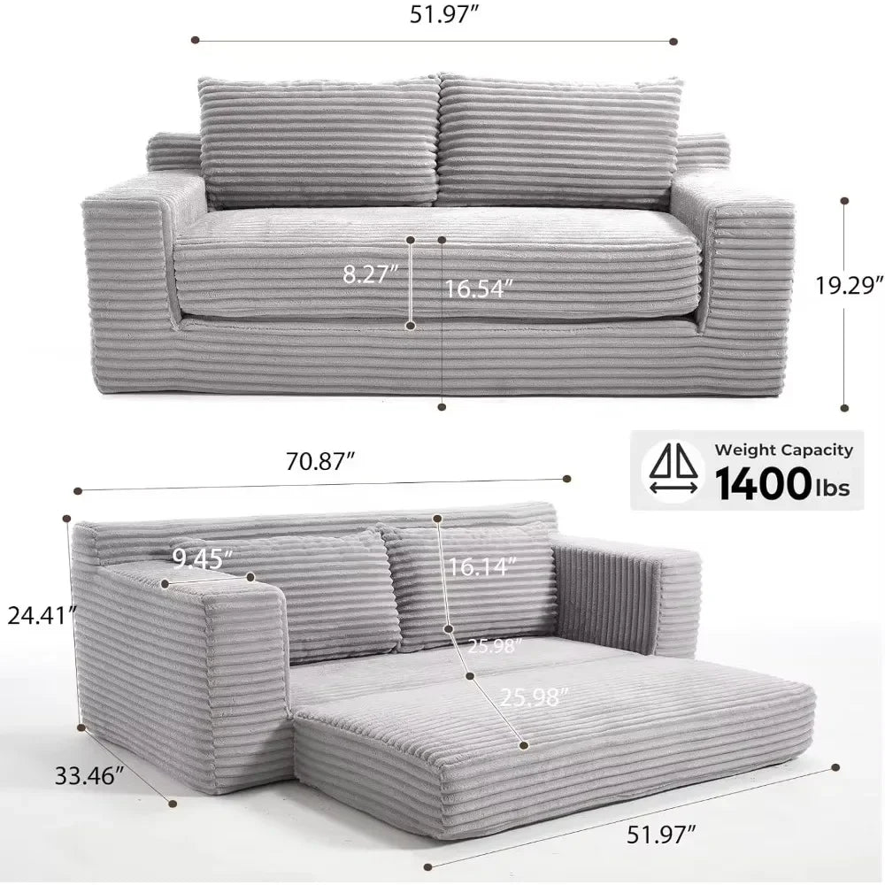 Corduroy Cloud Convertible Loveseat – 2-in-1 Sofa Bed for Small Spaces with Dual Pillows & Retro-Modern Charm