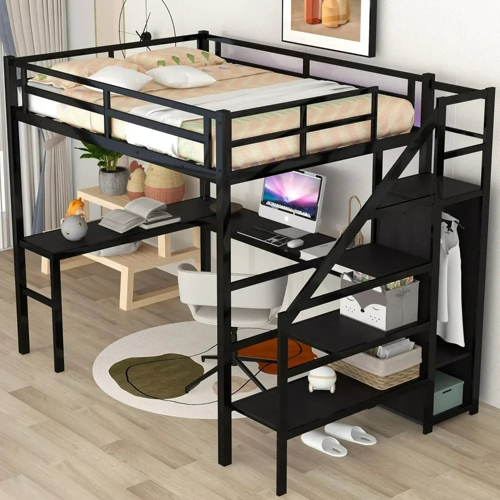 AURAFRAME Loft System – Full Size Metal Loft Bed with Built-In Wardrobe, L-Desk, RGB Lighting & Charging Station | Chic Industrial Workspace Bed with Storage Staircase & Safety Rail