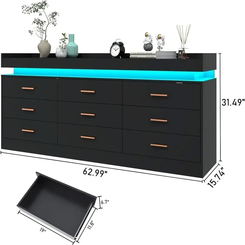 Elysian 9-Drawer LED Dresser – Modern Wood Storage for Bedroom & Living Spaces