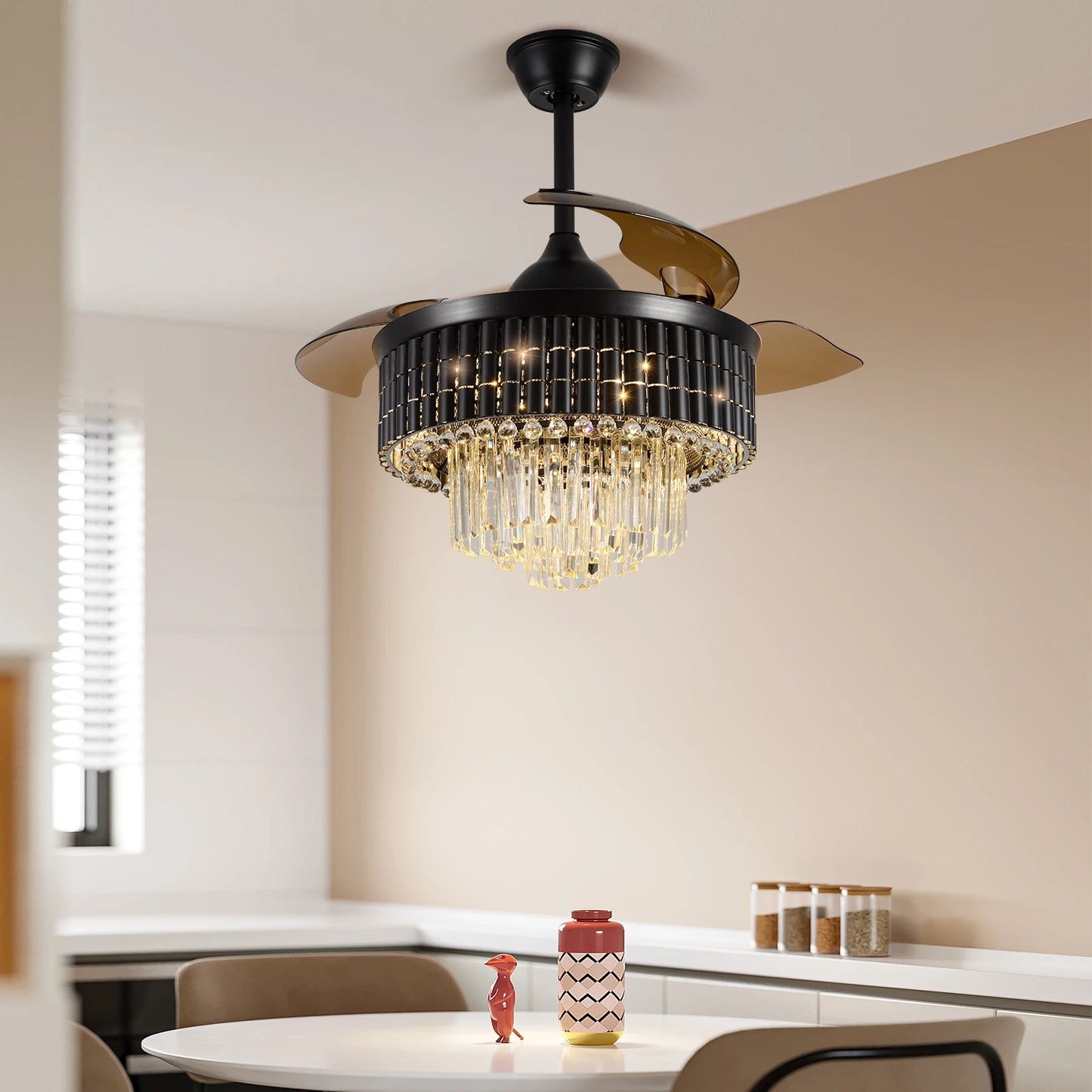 Smart RC Ceiling Fan Lamp Led Light Modern Home Decor Crystal Black Chandelier Living Dining Room Indoor Fixture Intelligent
