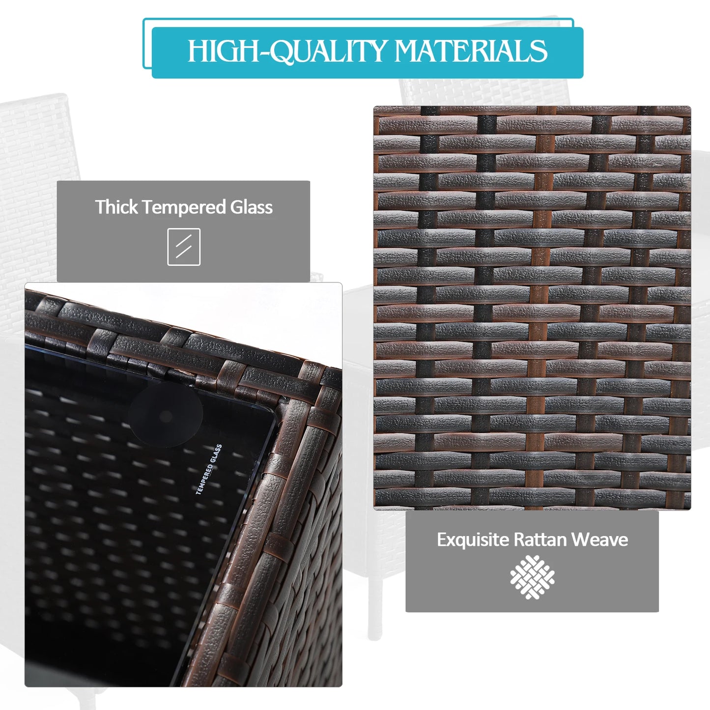 3PCS Patio Rattan Furniture Set Cushioned Sofa Glass Tabletop Deck Blue