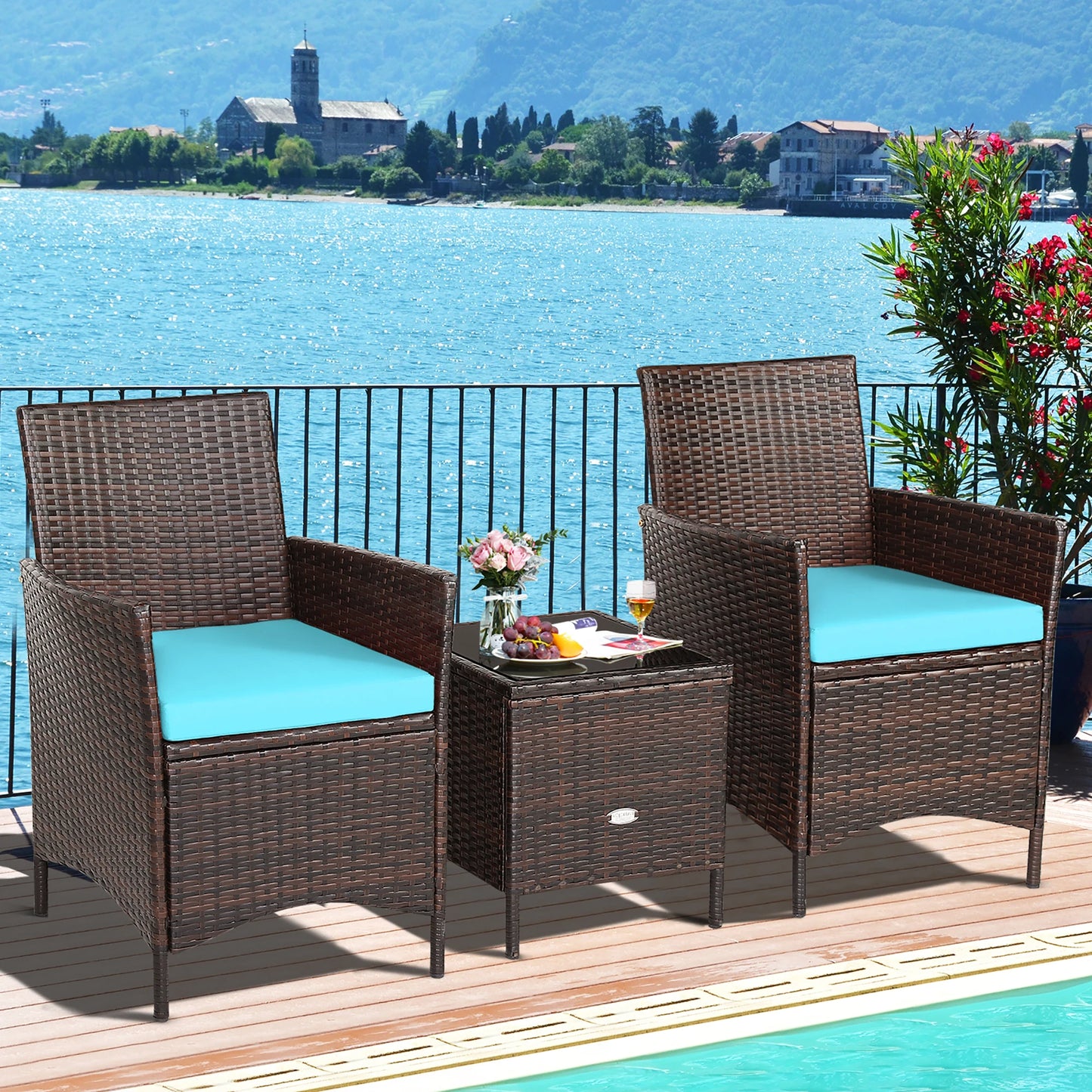 3PCS Patio Rattan Furniture Set Cushioned Sofa Glass Tabletop Deck Blue