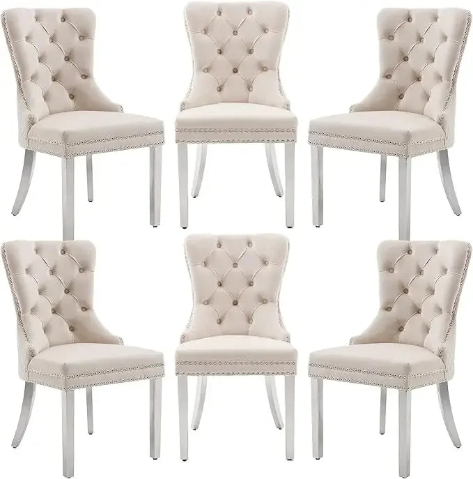 Opulent Velvet Dining Chairs Set of 6 - Luxurious Tufted Back, Nailhead Trim, Lion Head Pull Ring & Rhomboid Pattern