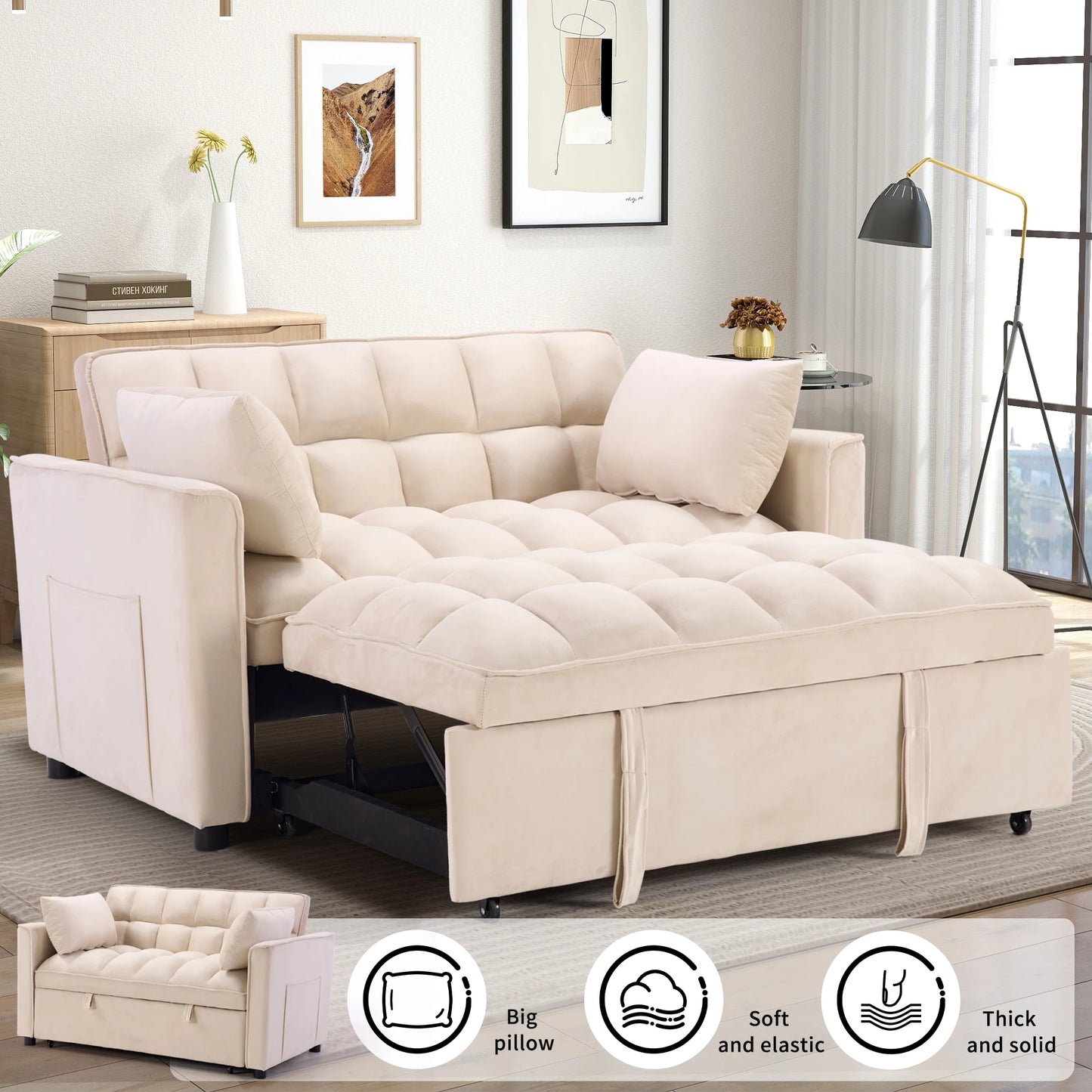 The House Of Bonney EBELLO 3-In-1 Velvet Convertible Sofa Bed – Modern Space-Saving Double Sleeper With Pillows