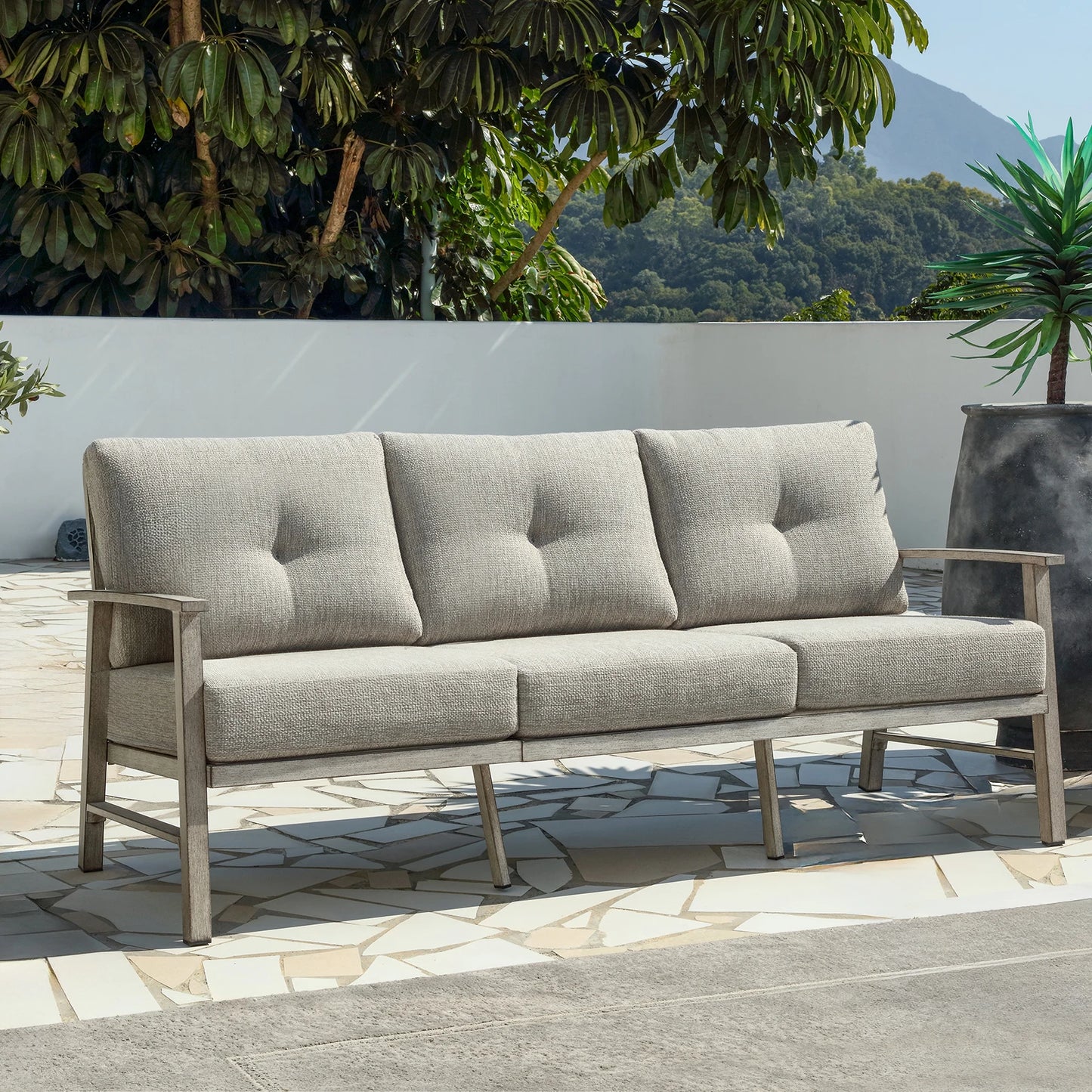 Seehill Limed Oak 3-Seater Outdoor Sectional Sofa – Modern Aluminum Patio Set for Garden, Lawn & Terrace Bliss