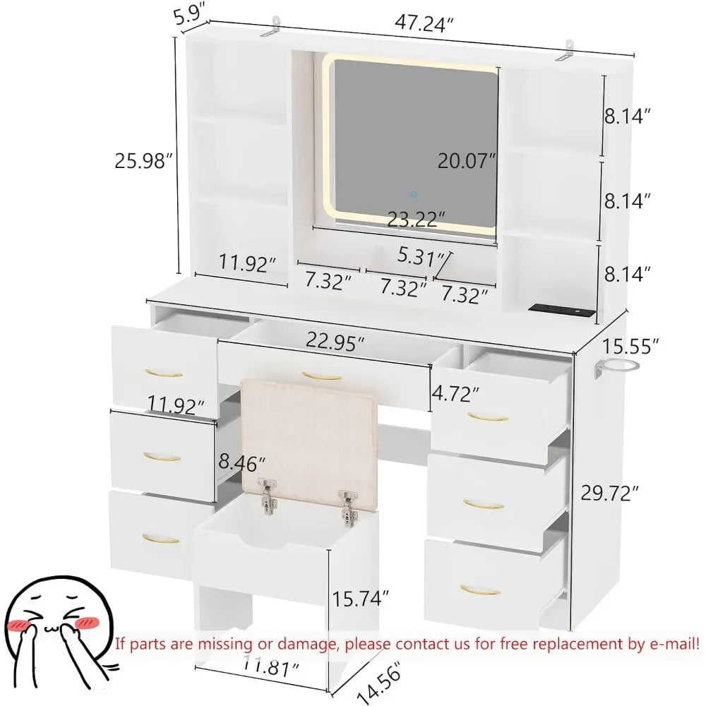 Lumiére Luxe LED Vanity Set – Elegant White Makeup Table with Storage, Charging Station & Touch-Control Lighting