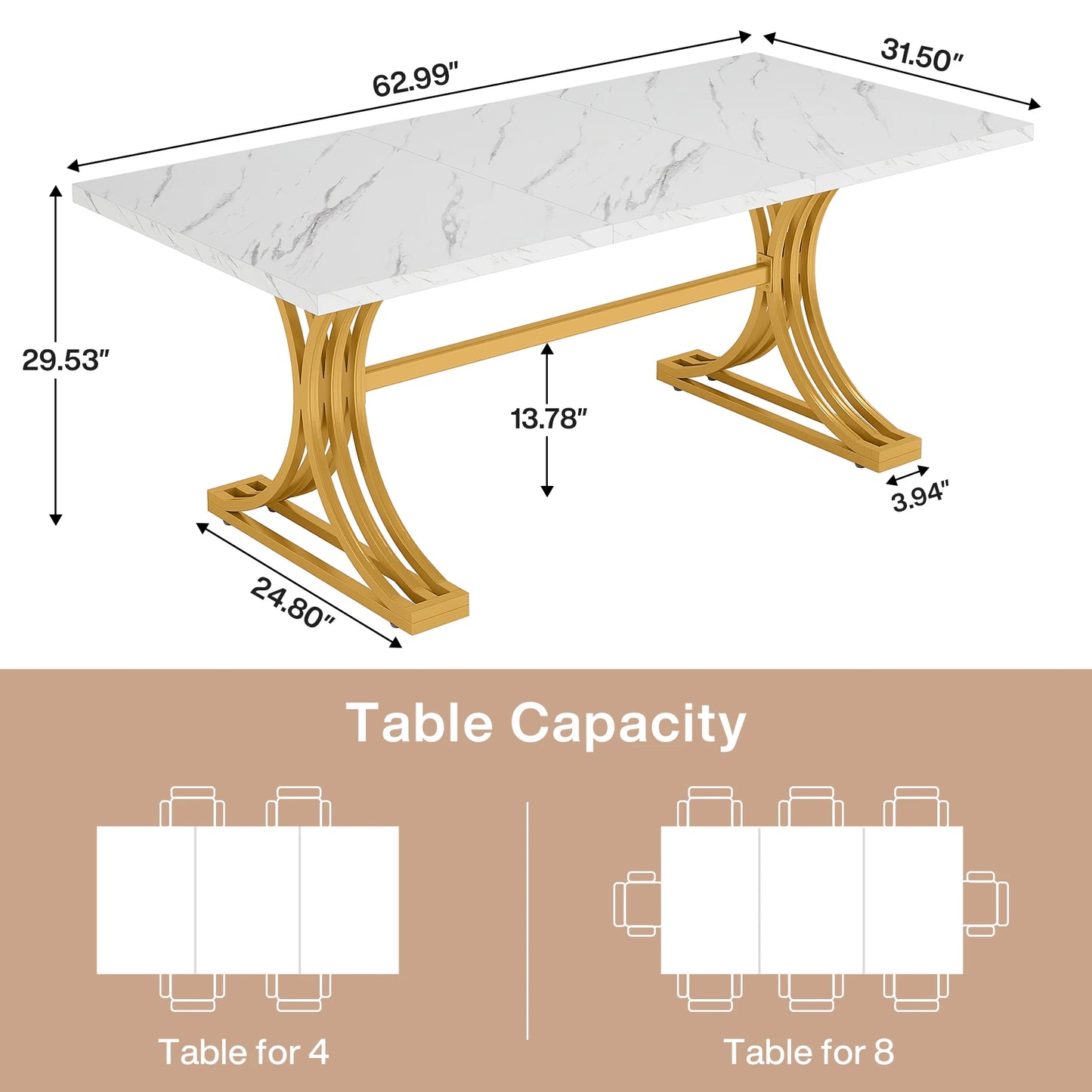 63-Inch Modern Rectangular Dining Table – Faux Marble Top with Gold Metal Legs, Seats 4-6, Stylish Dining Table for Home or Office