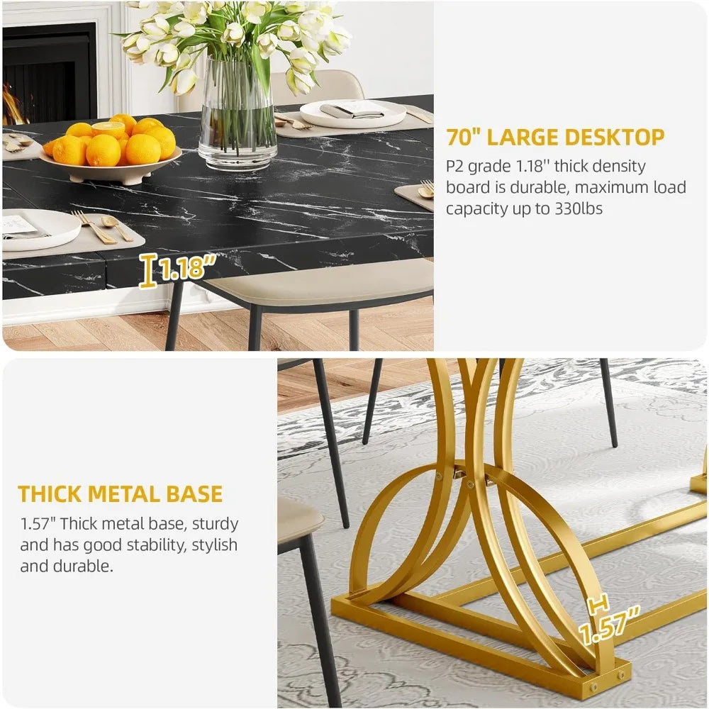 70.3" Modern Rectangular Dining Table – Faux Marble Top with Gold Geometric Metal Legs for 6-8 People