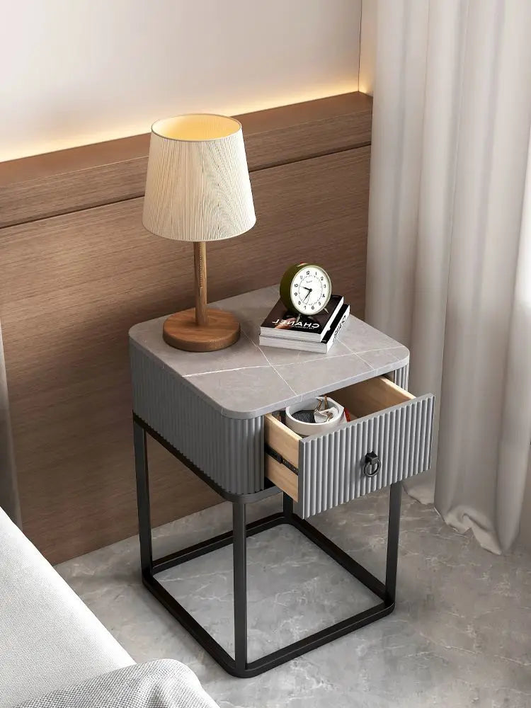 CelesteRound Modern Slate Nightstand – Minimalist Luxury Metal Side Table with Drawer for Bedroom & Living Elegance