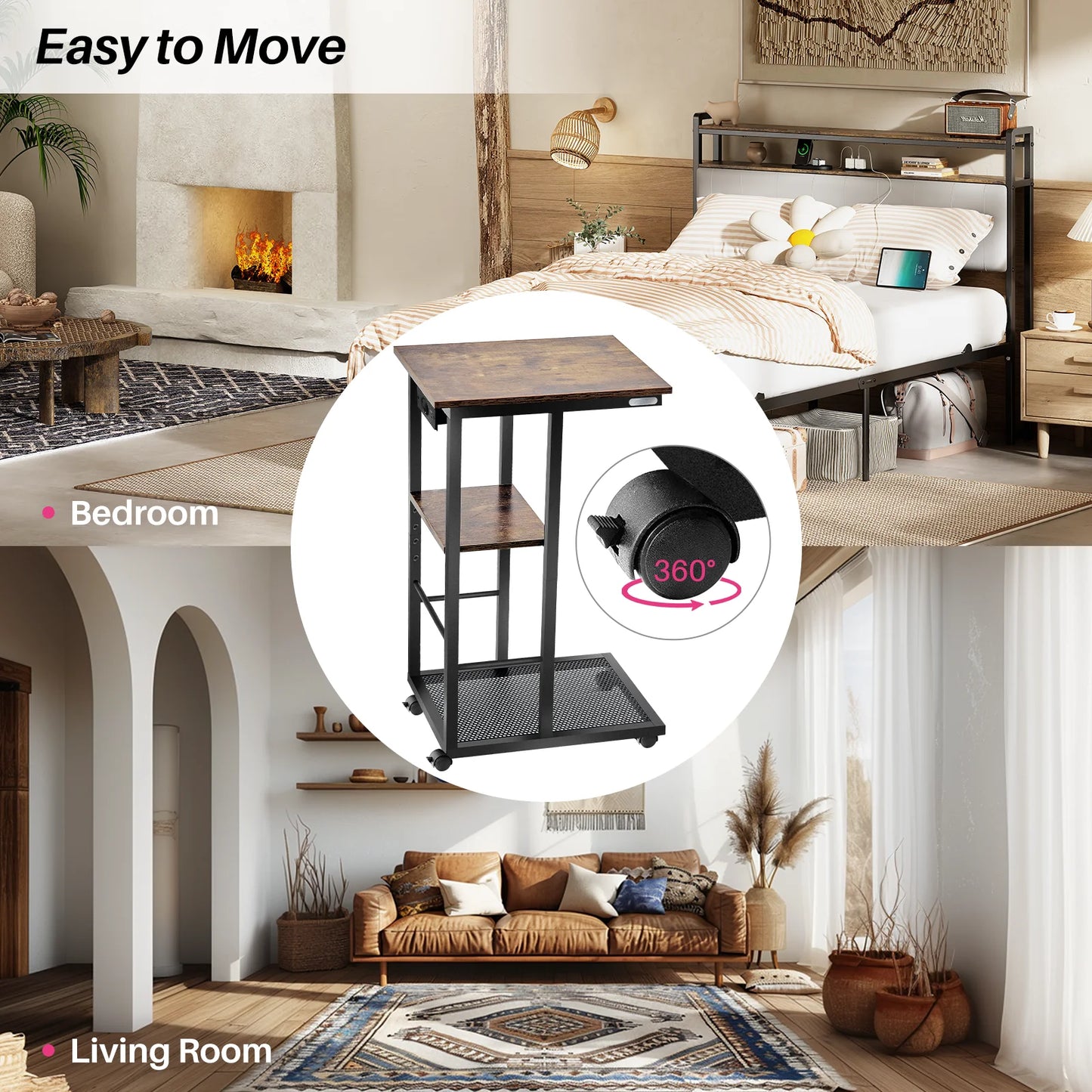 The House Of Bonney Redlife C-Shaped End Table With Charging Station – Rolling Sofa Side Table With Storage Shelves For Small Spaces ⚡🏡