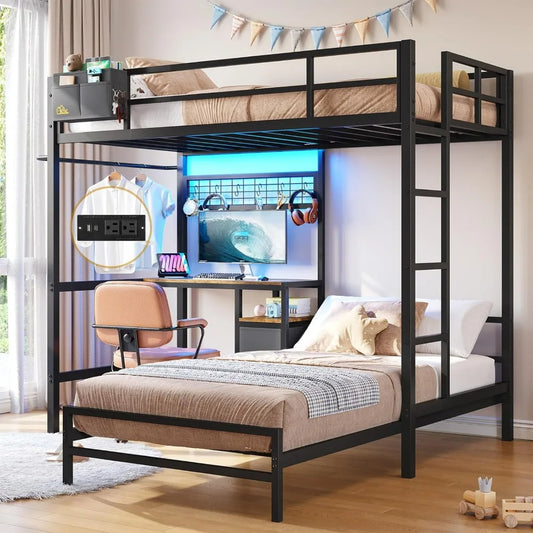 L-Shaped Twin Over Twin Bunk Bed with Desk & Storage – Modern Minimalist Loft Bed for Stylish Spaces, Metal & MDF Design, Sleek and Functional