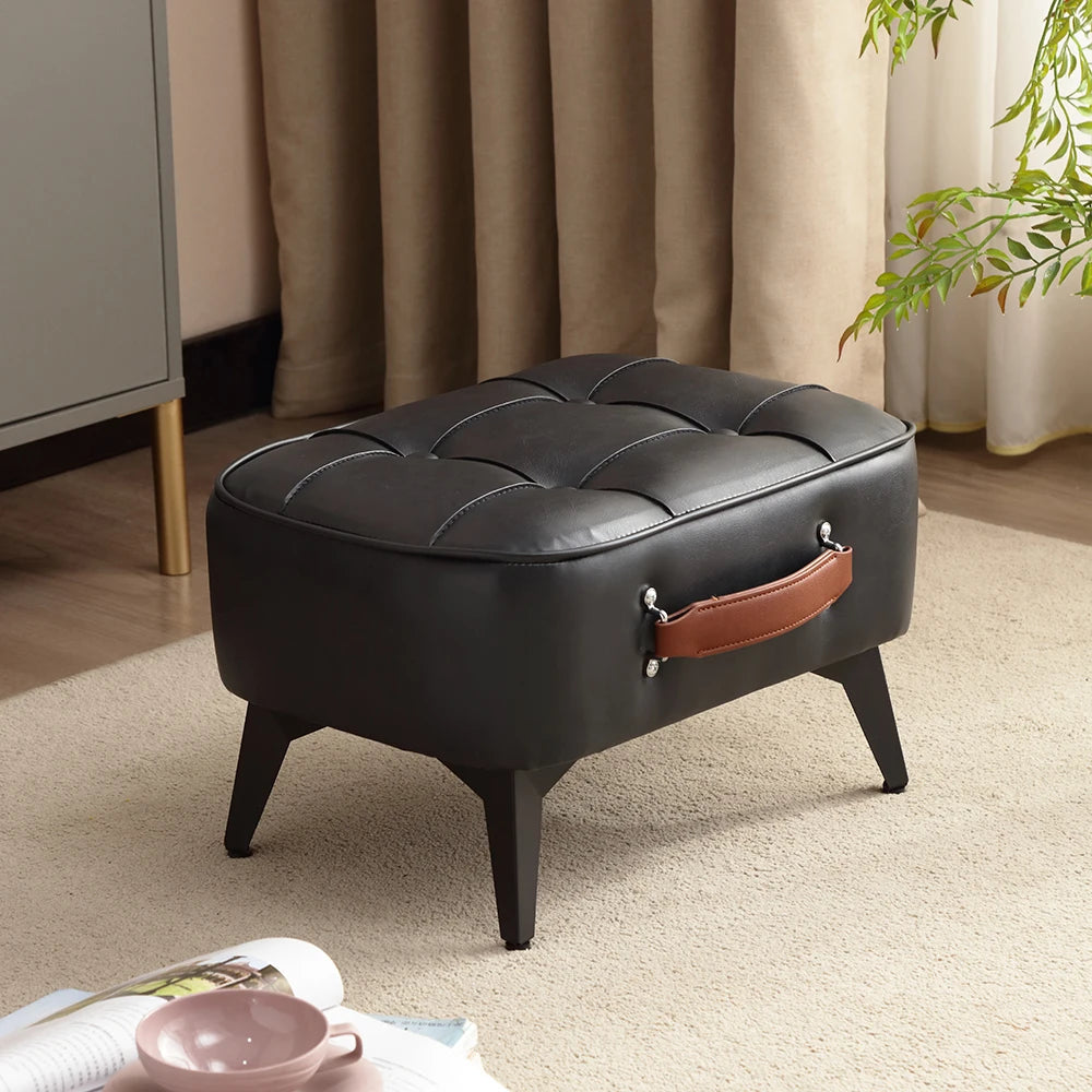 Bonney Luxe Ottoman — Modern Morocco Leather Accent Footstool with Metal Elegance & Wooden Core Design