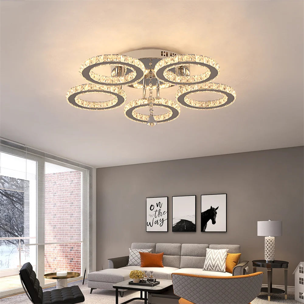 Celestia Luxe Crystal Chandelier – Modern App-Controlled Dimmable LED Ceiling Light with Polished Chrome Rings