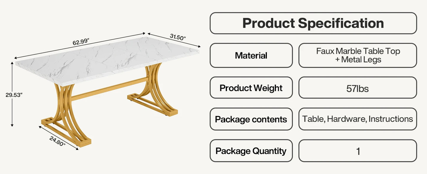 63-Inch Modern Rectangular Dining Table – Faux Marble Top with Gold Metal Legs, Seats 4-6, Stylish Dining Table for Home or Office