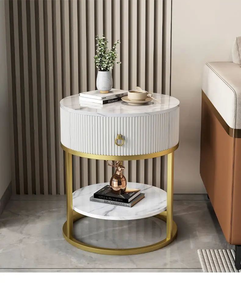 CelesteRound Modern Slate Nightstand – Minimalist Luxury Metal Side Table with Drawer for Bedroom & Living Elegance