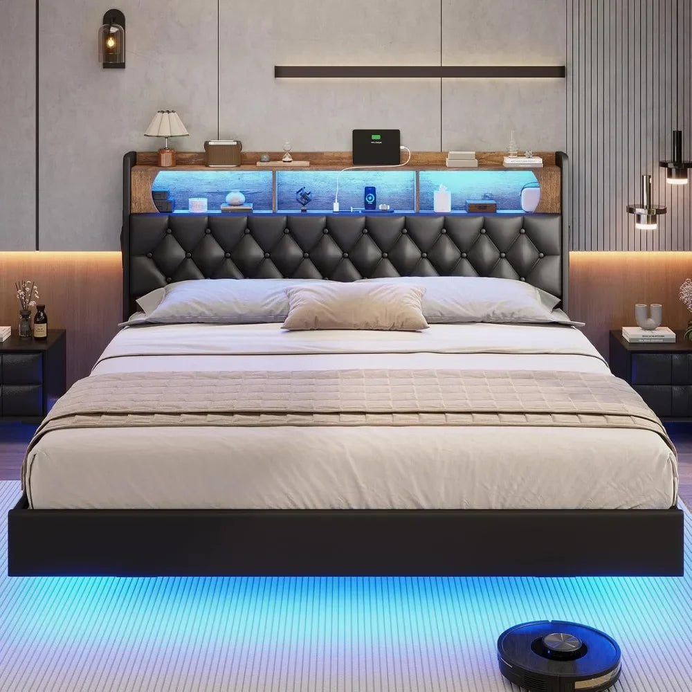 Luminous Dream King Size Floating Bed Frame with RGB LED Headboard, USB Ports & Hidden Storage - Modern Bedroom Furniture