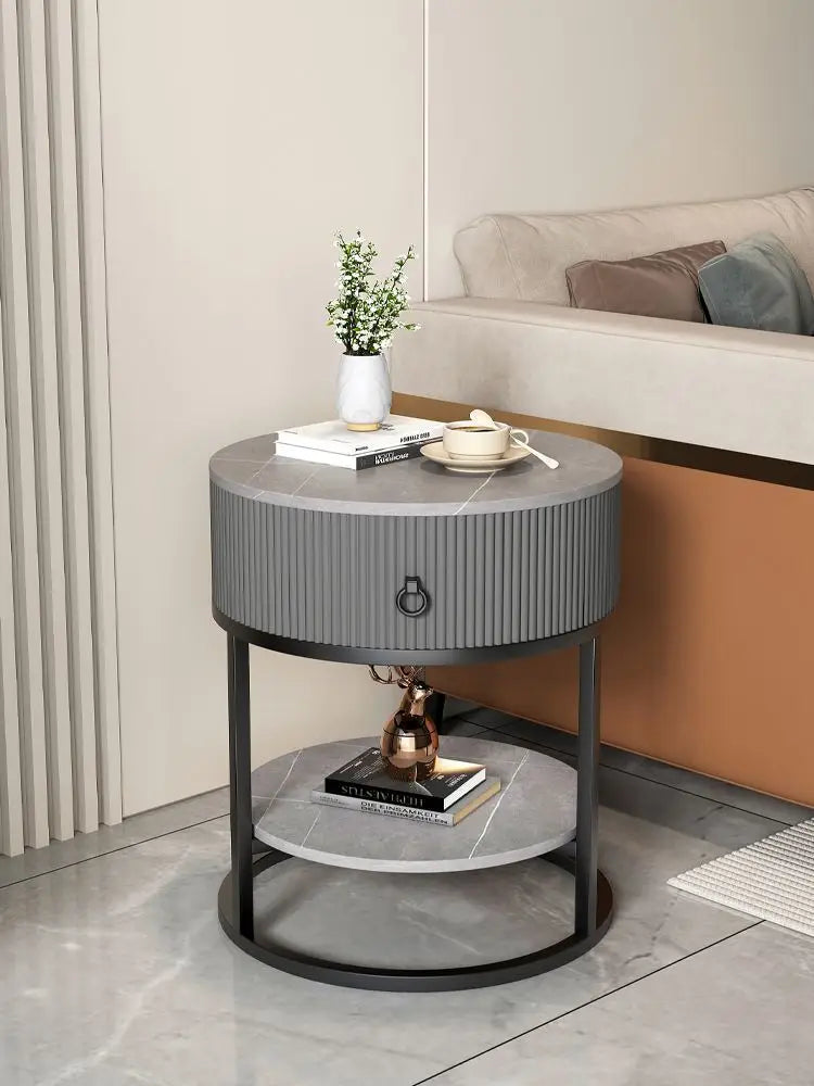 CelesteRound Modern Slate Nightstand – Minimalist Luxury Metal Side Table with Drawer for Bedroom & Living Elegance