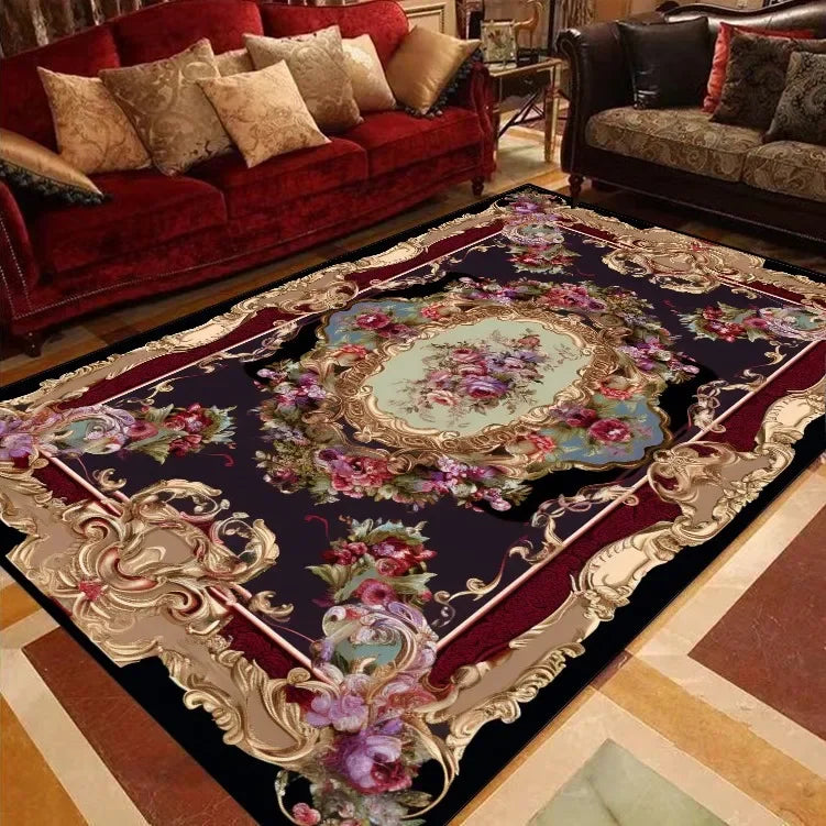 RoyalBloom Retro European Floral Rug – Soft Flannel Luxury Carpet for Living Room, Bedroom & Parlor Elegance