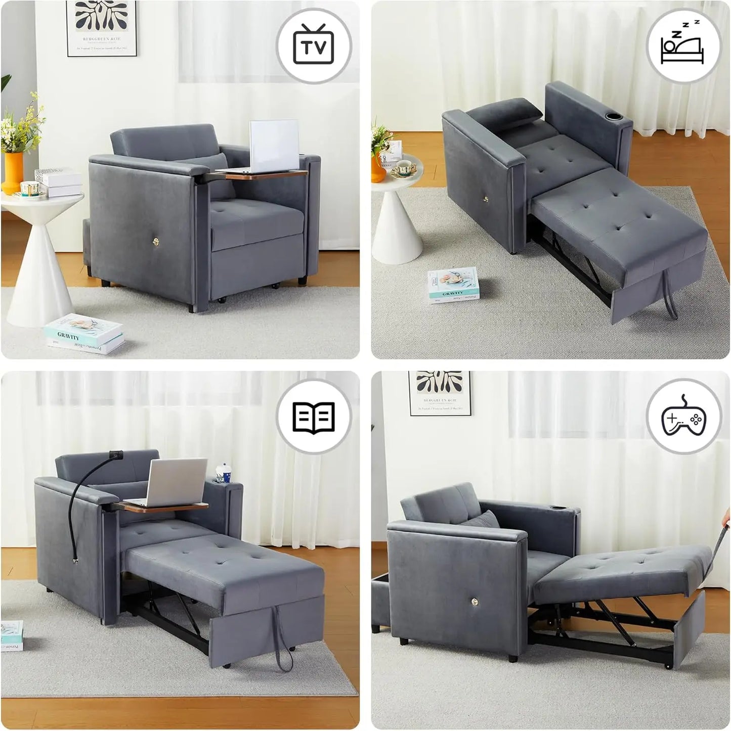 Velvet Convertible Chair Bed | 3-in-1 Multi-Functional Lounge Chair & Sleeper with Hidden Table