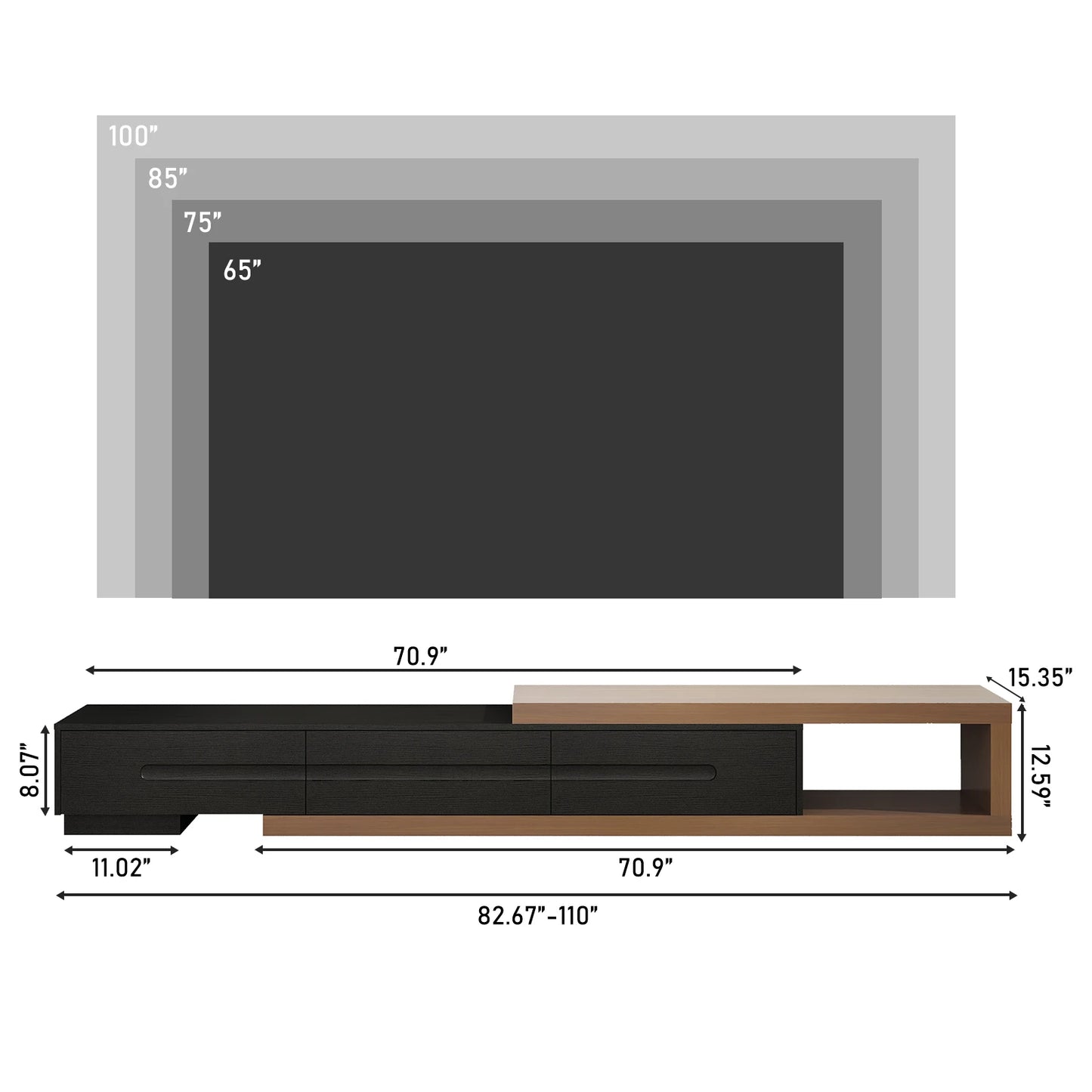 The Luxe 82-110" Extendable TV Stand – Modern Media Console with 3 Drawers & Open Storage for Sophisticated Living Rooms