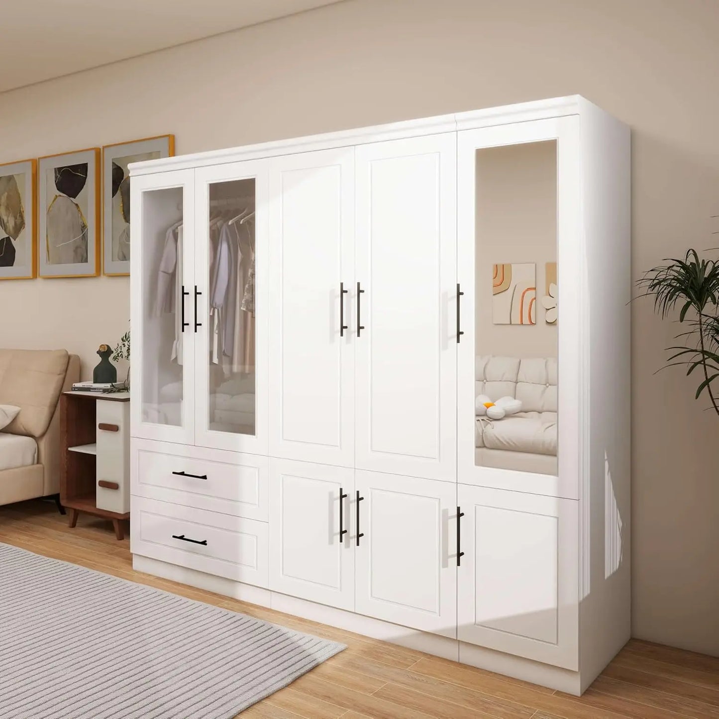 71” Wooden Bedroom Wardrobe with Mirrors & Drawers – High Cabinet Wardrobe with Hangers, Modern Storage Solution for Elegant Spaces