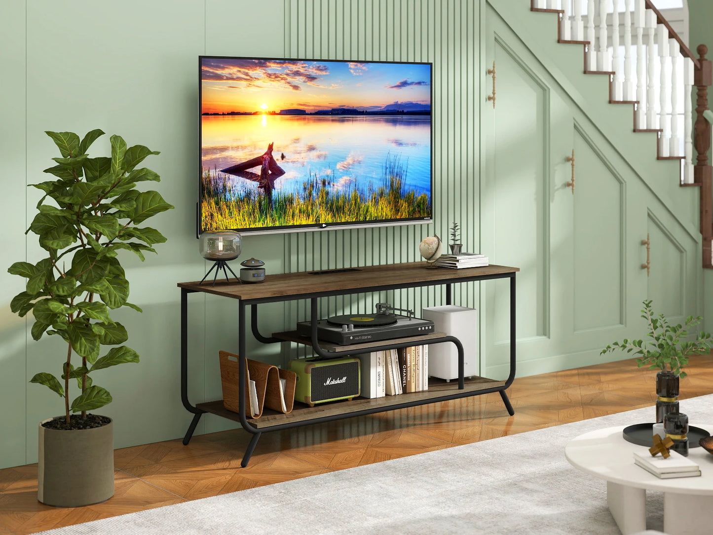 WhisperGlow Luxe TV Stand With Smart Power & Ambient LED Aura – Light Gray Serenity
