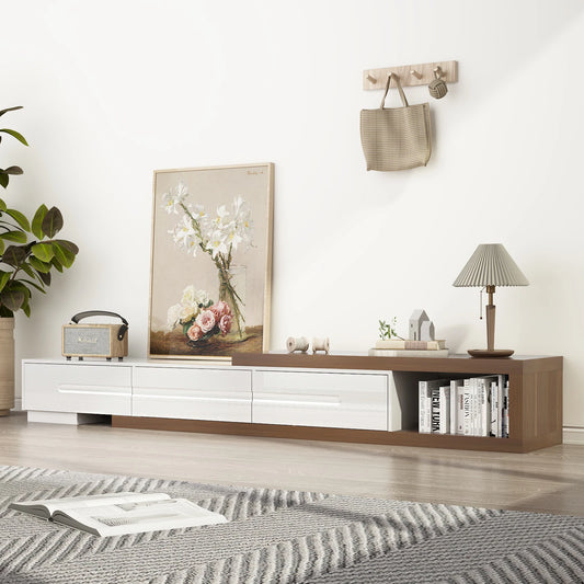 The Bonney Extendable Silhouette Media Console — 82–110” Modern Walnut & High-Gloss TV Stand with Reversible Design and 3 Hidden Drawers