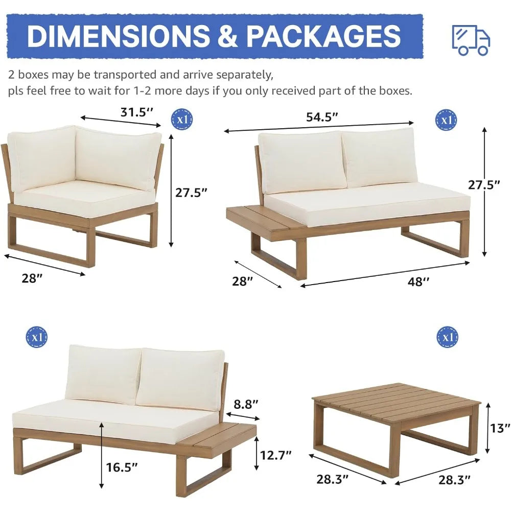 Solara Luxe Acacia Wood Outdoor Sectional – L-Shaped Patio Sofa Set with Built-in Side Tables & Coffee Table in Cream White