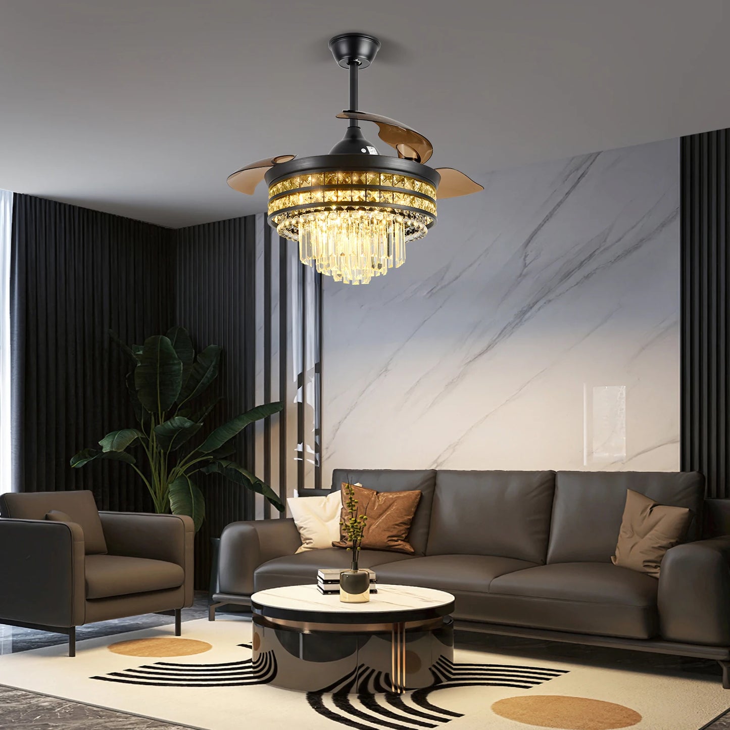 Smart RC Ceiling Fan Lamp Led Light Modern Home Decor Crystal Black Chandelier Living Dining Room Indoor Fixture Intelligent
