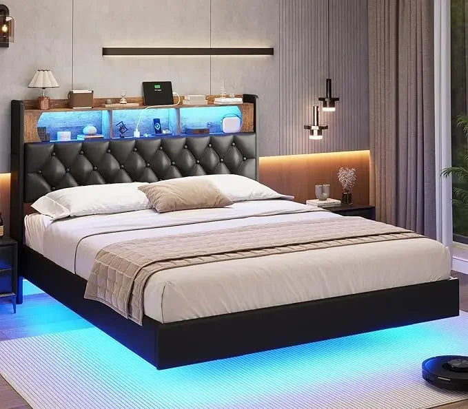 Luminous Dream King Size Floating Bed Frame with RGB LED Headboard, USB Ports & Hidden Storage - Modern Bedroom Furniture